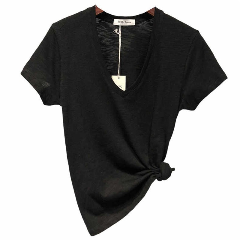 Women's Bamboo Cotton V Neck Short Sleeve T-Shirt Unique Design Slimming Summer Thin Versatile Top_ecoleips.com