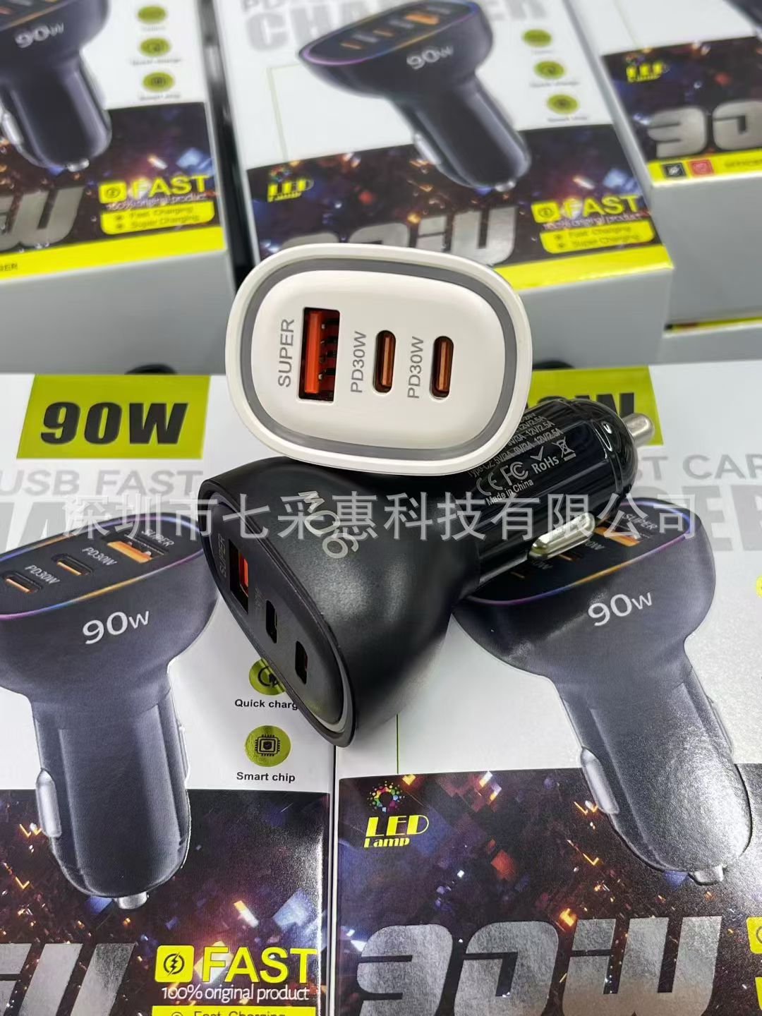 New 90W Car Charger with One to Three a Ports + Cc Port Flash Charging Multi-Port Three-Line Super Fast Charging with Extremely Fast Colorful Atmosphere Light