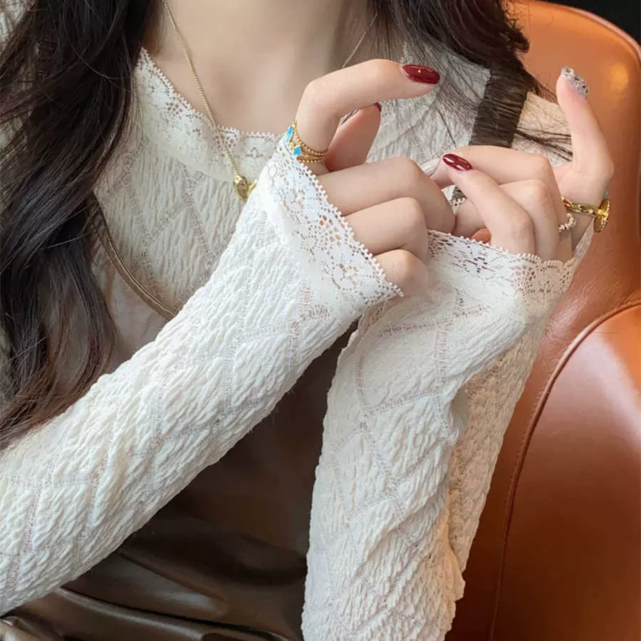白色蕾丝打底衫女装内搭2025早秋新款圆领长袖T恤设计感上衣