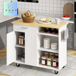 Kitchen Cart Island with 5 Wheels, Leafy Countertop, Dining Room Cabinet Door, Internal Storage Rack, Hand-Pushed Dining Cart