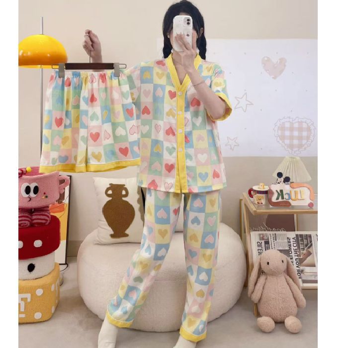 Pijamas de algodón de nube de amor dulce a cuadros de dopamina para mujer verano nuevo estilo pantalones de manga corta ropa a domicilio traje de tres piezas
