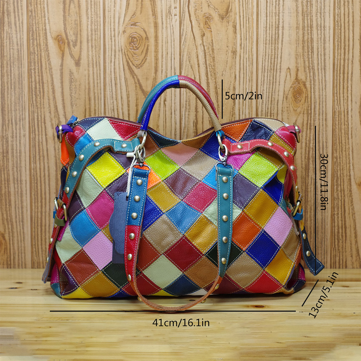 Medium Size Women's Medium Leather Color Block Argyle Vintage Style Square Zipper Handbag