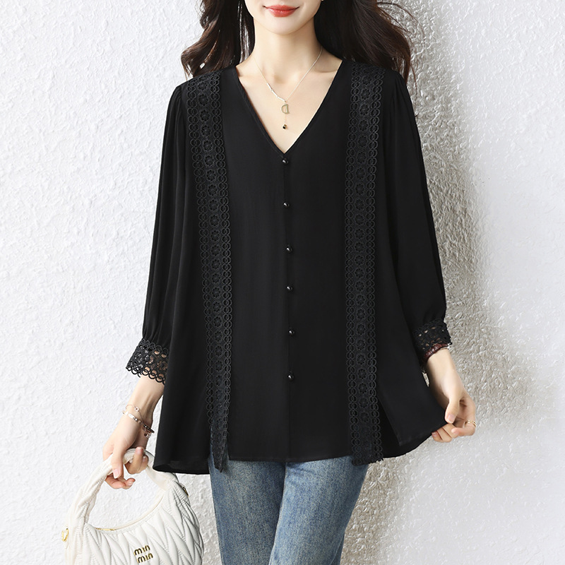 Real shot fashion V-neck lace chiffon shirt women 2025 summer new black shirt European plus size top Real shot fashion V-neck lace chiffon shirt women 2025 summer new black shirt European plus size top