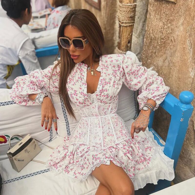 Printed Long Sleeved Waist Cinching Dress