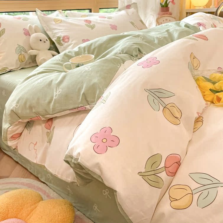 Cuatro piezas de algodón de dibujos animados 100 algodón 2023 nueva sábanas cubiertas dormitorio de estudiantes cama de tres piezas