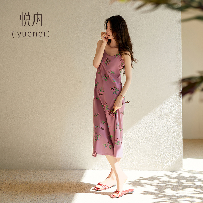 Yuenai 胸パッド付きナイトガウン、女性用パジャマ、夏用サスペンダーベスト、純綿ロングピンクロングスカート、屋外で着用可能|undefined