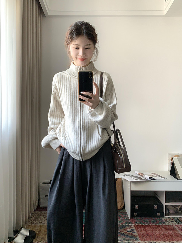 慵懒早秋上衣小个子宽松外搭针织衫上衣立领拉链开衫毛衣外套女|undefined