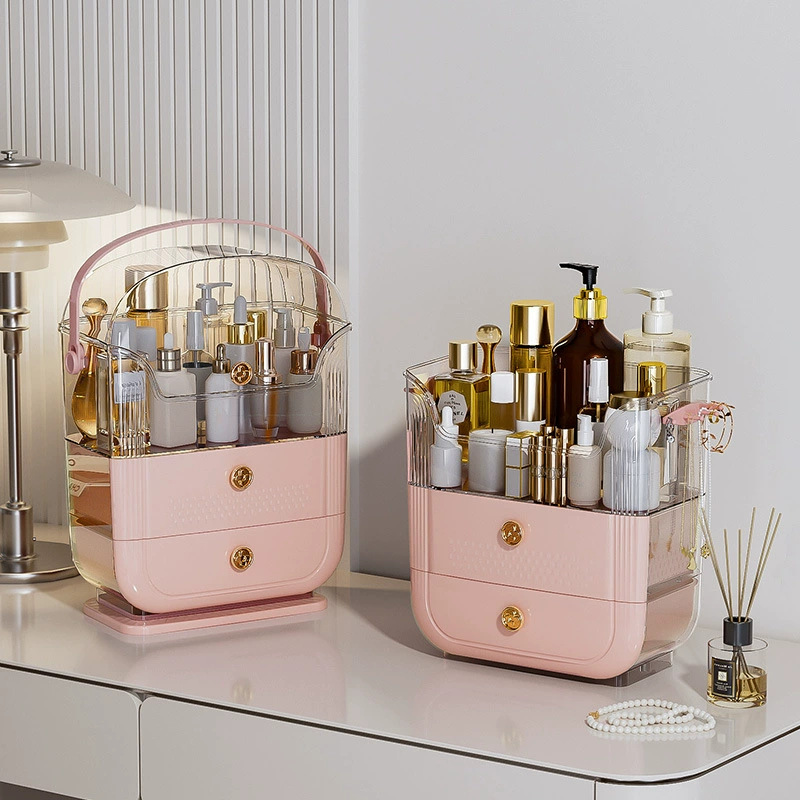 Caja de almacenamiento de plástico de lujo ligero para el hogar Caja de almacenamiento de cosméticos tipo cajón Gabinete de almacenamiento a prueba de polvo de escritorio de alta calidad