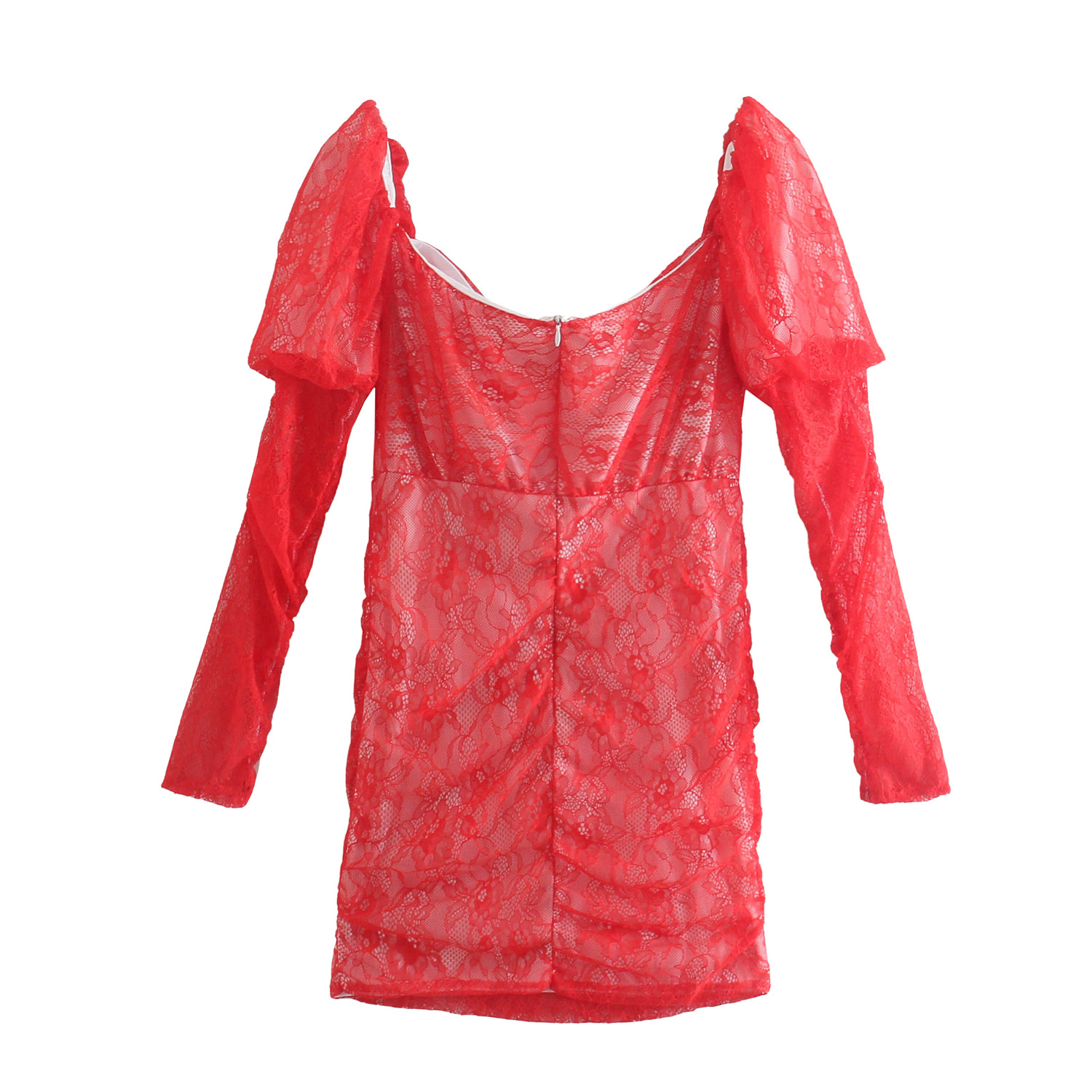 Red Lace Long-Sleeved V-Neck Slim Dress NSLQS101201