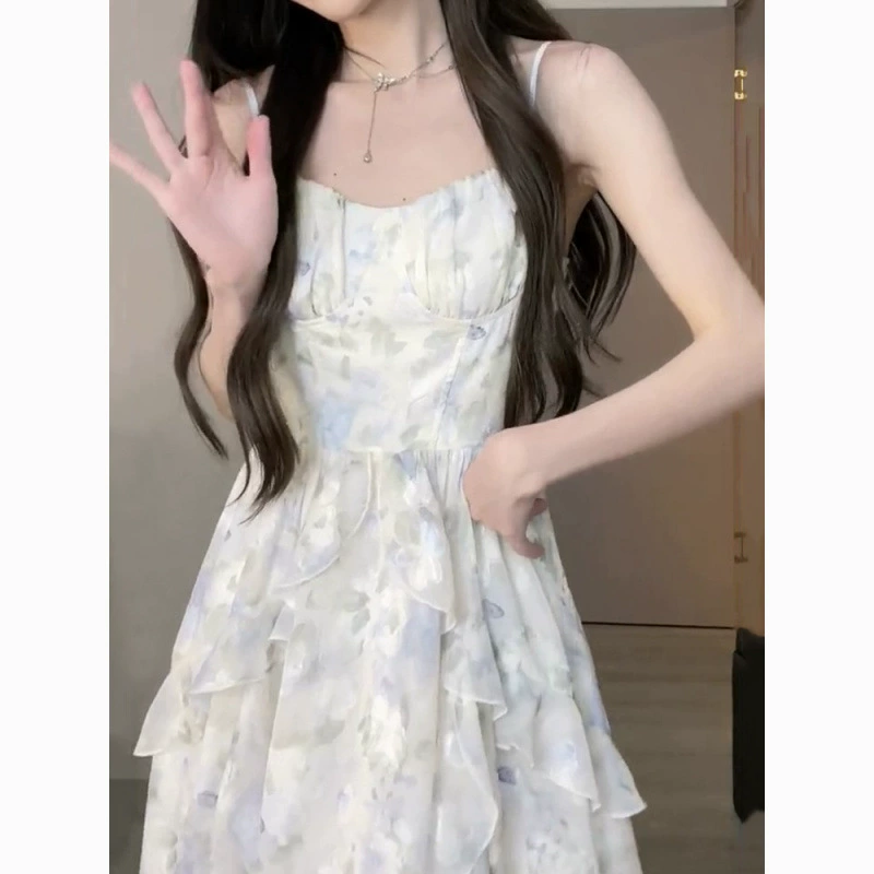 Сладкий и пряный комплект из шифоновой юбки с рюшами и цветочным принтом для женщин, летний тонкий кардиган, платье с подвязками на талии