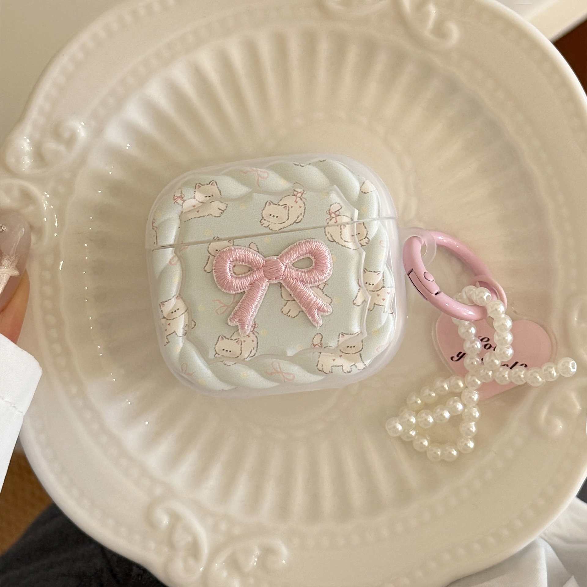 Gato dulce para Apple Airpods4 Pro2 auriculares bluetooth 3 generación colgante de polvo de perla 1 / 2