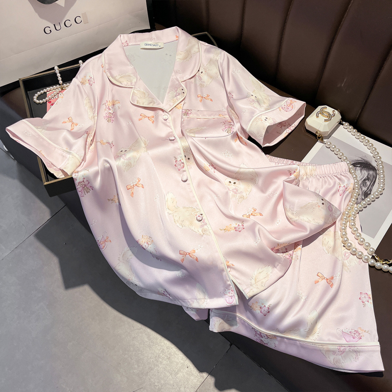 夏季新款真丝睡衣女甜美可爱卡通短袖短裤套装薄款家居服套装蚕丝|undefined