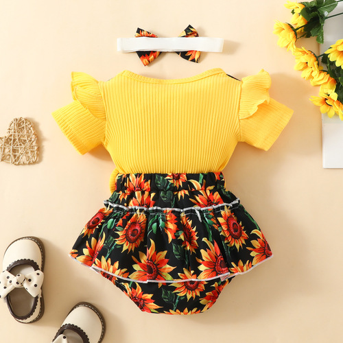 2024 foreign trade summer baby short sleeve flower triangle dress 0-1 year old baby girl false strap sun flower fly sleeve dress
