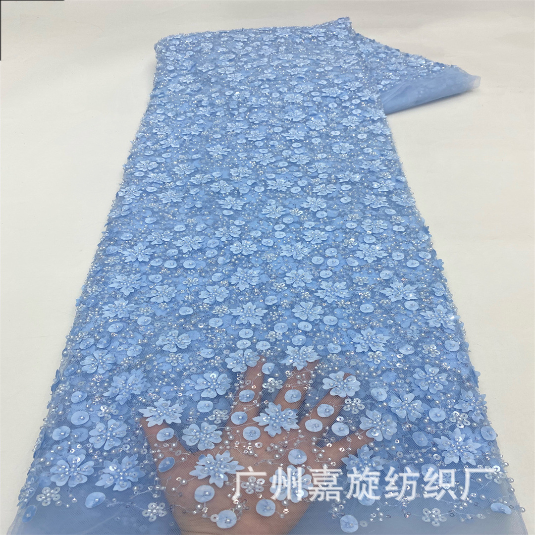 Tela de bordado con cuentas de flores pequeñas tridimensionales con láser para vestidos de novia de verano para mujeres y vestidos infantiles con faldas largas y tela con lentejuelas.