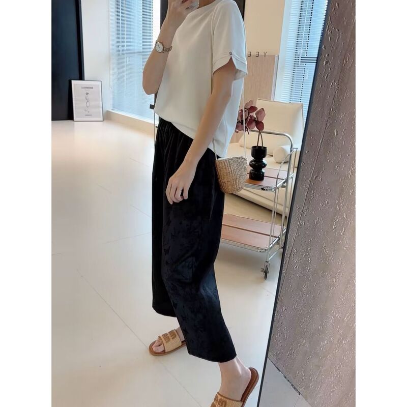 新しい中国風のパンツ、怠惰な通勤スタイル、ハイウエストアイスシルクカジュアルパンツ、女性用2025年夏の新しい9点パンツ|undefined