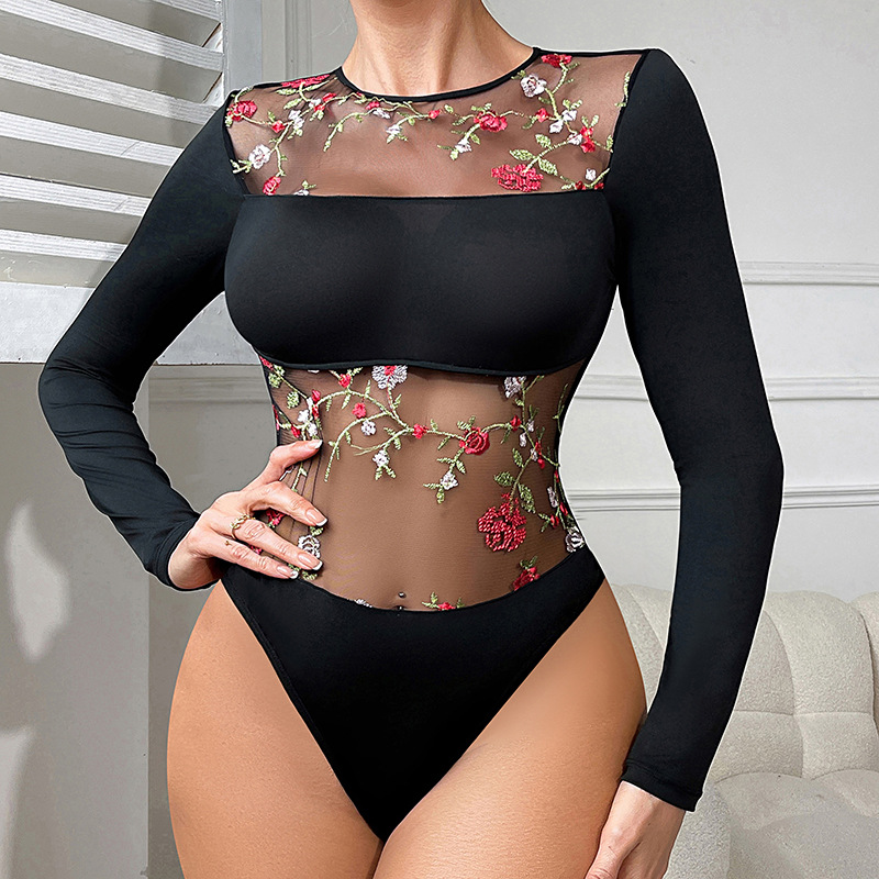 Transfronterizos europeos y estadounidenses, malla sexy, flores bordadas, camisa de manga larga, comercio exterior, camisa de belleza universal
