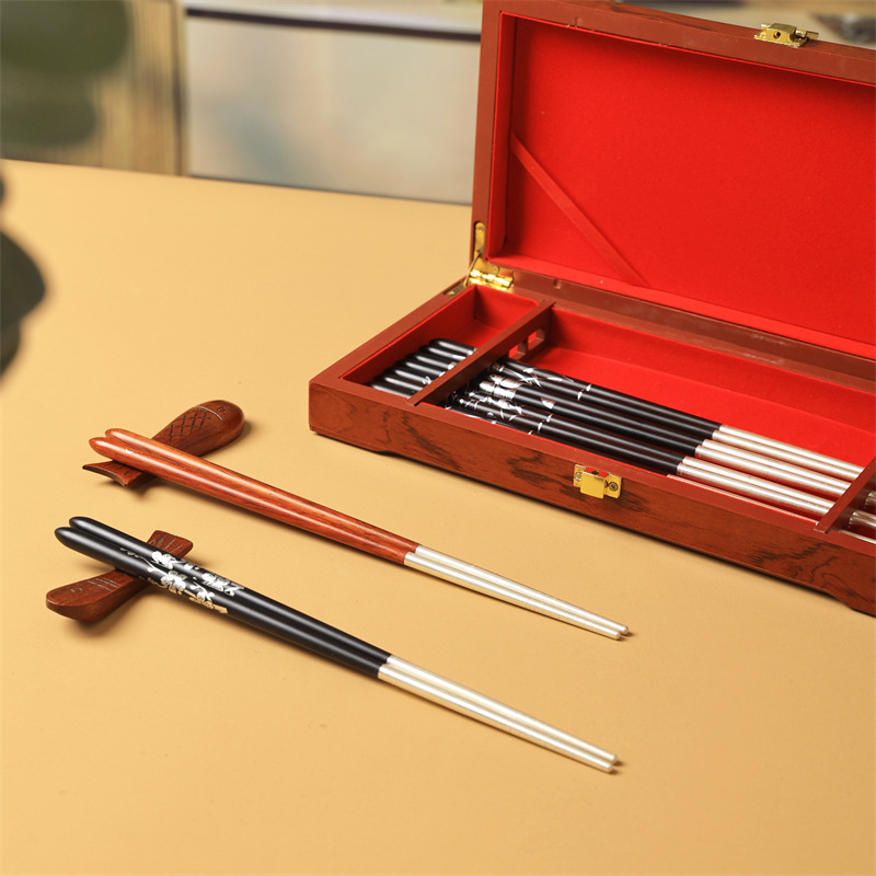 Ebony Wood Stitching Craft Silver Chopsticks 999 Foot Silver Household Business Gift Chopsticks for Leaders Holiday Gift Box Set Ebony Wood Stitching Craft Silver Chopsticks 999 Foot Silver Household Business Gift Chopsticks for Leaders Holiday Gift Box Set