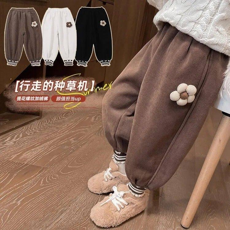 跨境女童2026秋季新款一体绒裤子中小童秋冬装加绒束脚裤宝宝休闲