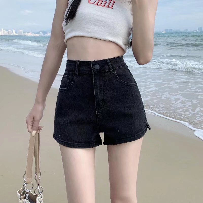 Straight Tube Split Denim Shorts Women's High Waist Slimming Summer Sexy All-match A- word Internet Popular Thin Black Hot Pants Trendy