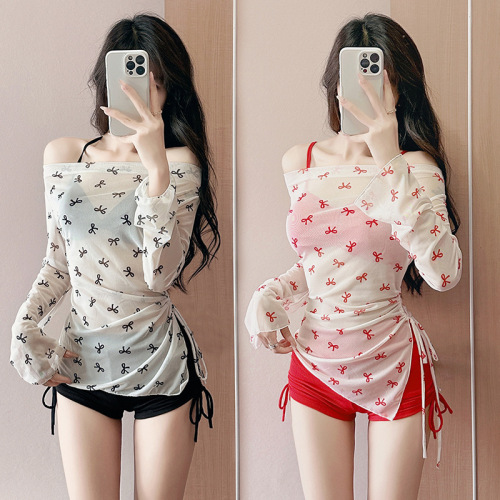 New three-piece bikini swimsuit girl girlish pure style swimsuit women bow long sleeve sun protection wholesale