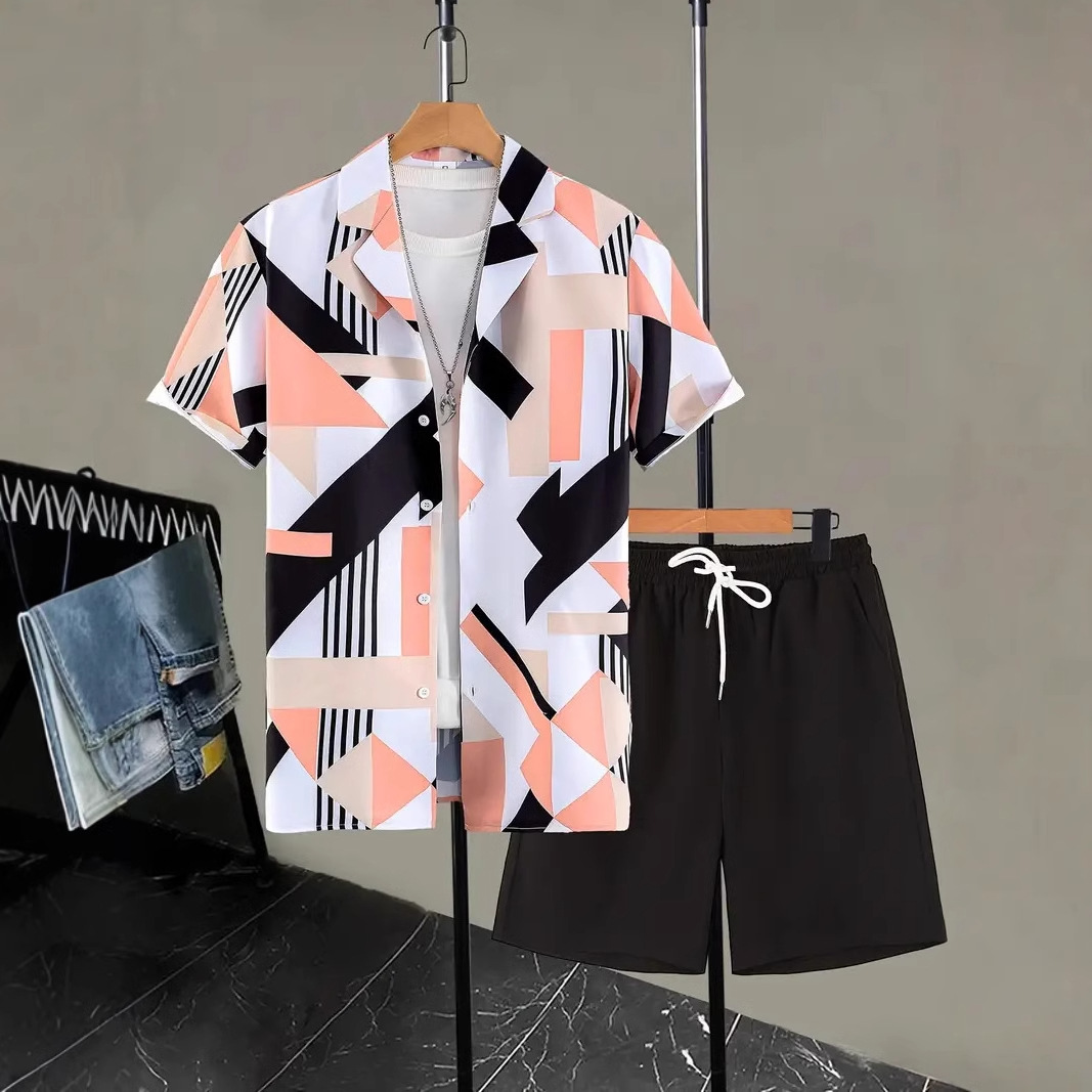 Transfronterizo 2024 nuevo estilo Amazon moda europea y americana casual todo fósforo manga corta cuello cubano pantalones cortos traje MB05 MA1