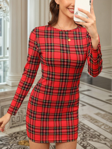 Autumn new Christmas-style women's hip-hugging casual plaid slim-fit long-sleeved dress