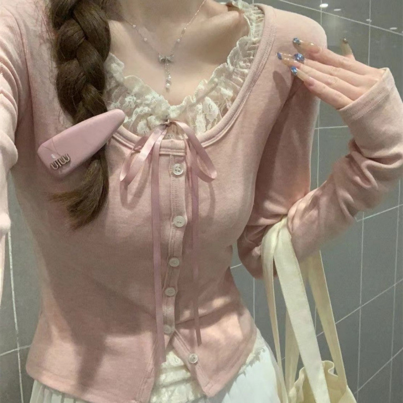 春秋假两蕾丝拼接长袖恤女2025新款纯欲风内搭修身打底衫上衣|undefined