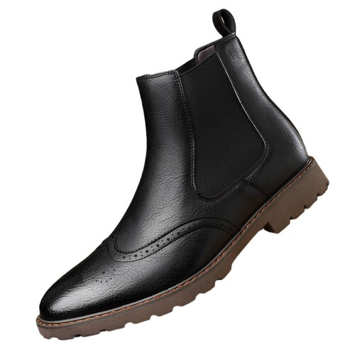 Chelsea boots with Martin design, men's new brogue-embellished business high-top slip-on pointed-toe leather boots in English style
