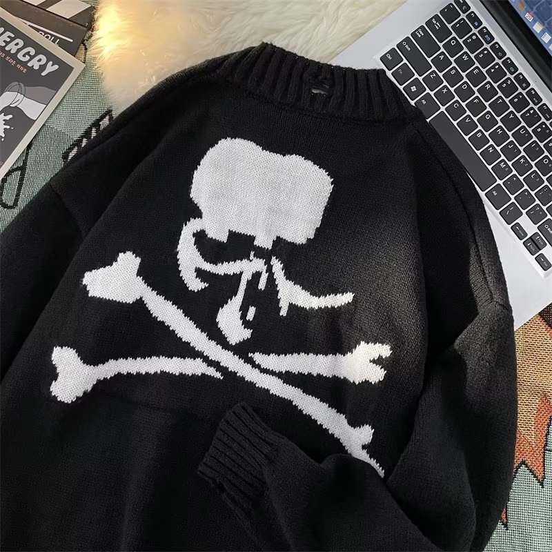 Dark skull sweater all-match sweater casual round neck pullover men's ins autumn and winter high street loose