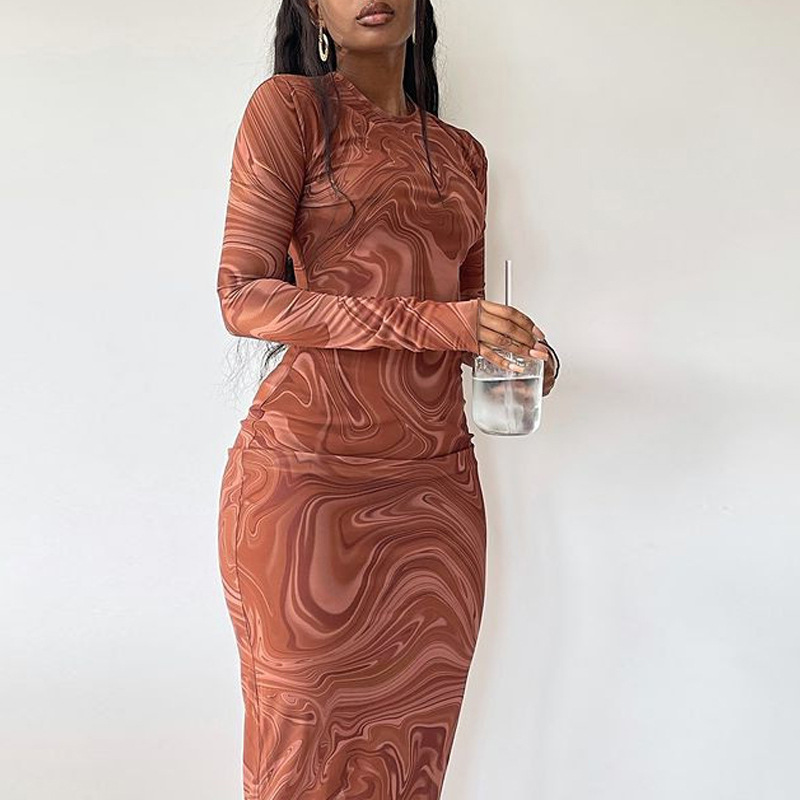 European and American style tight mid-length dress, round neck, long sleeve, printed hip skirt, pullover, foreign trade dress, retro dress_mkmklike.com