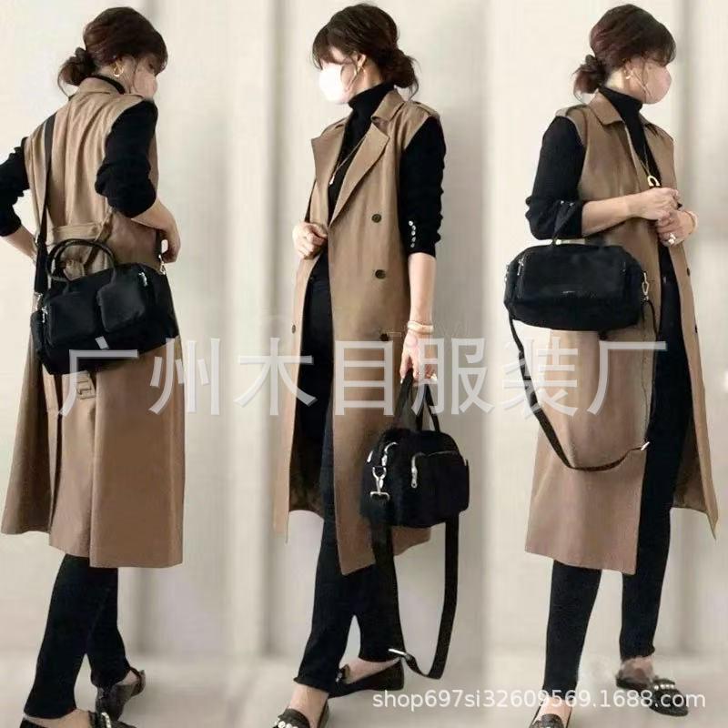 In Stock 2025 New Trench Coat Vest Jacket Japanese Style Lapel with Belt Mid-Length Trench Coat Vest with Lining