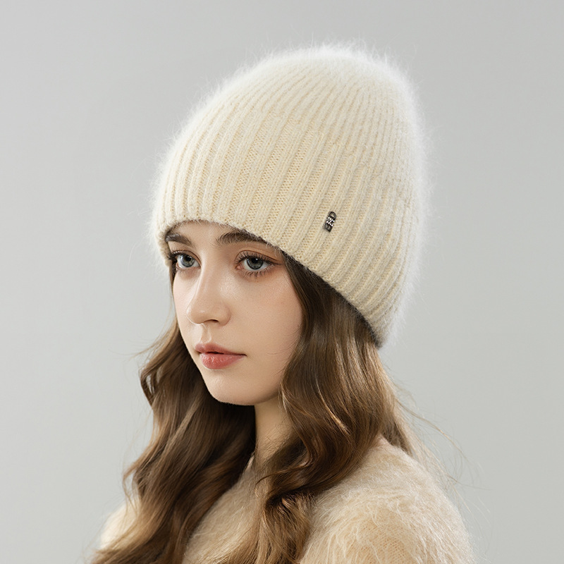 Mũ len beanie nữ lông thỏ dệt kim ấm áp mùa thu đông — màu be