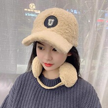 韩版羊羔毛棒球帽女冬季加厚保暖护耳帽子百搭字母软顶毛绒鸭舌帽