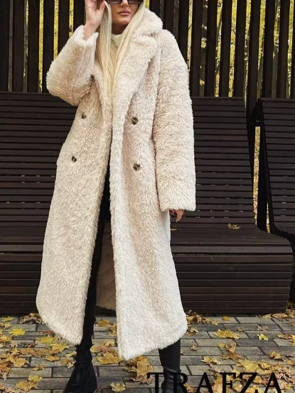 TRAFZA Keep-Warm Long Velvet Coat, Imported European Style, Black/Khaki/Apricot, Sizes XS-L