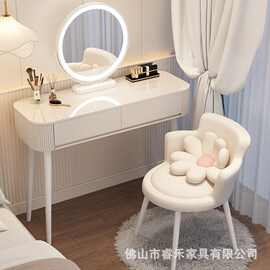 简白梳妆台卧室简约现代小户型化妆台轻奢侘寂奶油风治愈系化妆桌