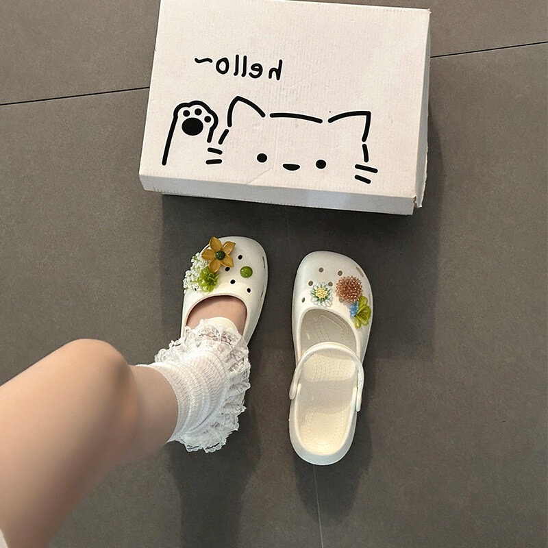 Ballet-Style Perforated Shoes for Women, Thick-Soled Slip-On Eva Exquisite Non-Slip Mary Jane Outdoor Closed-Toe Slippers for Women, Summer Ballet-Style Perforated Shoes for Women, Thick-Soled Slip-On Eva Exquisite Non-Slip Mary Jane Outdoor Closed-Toe Slippers for Women, Summer