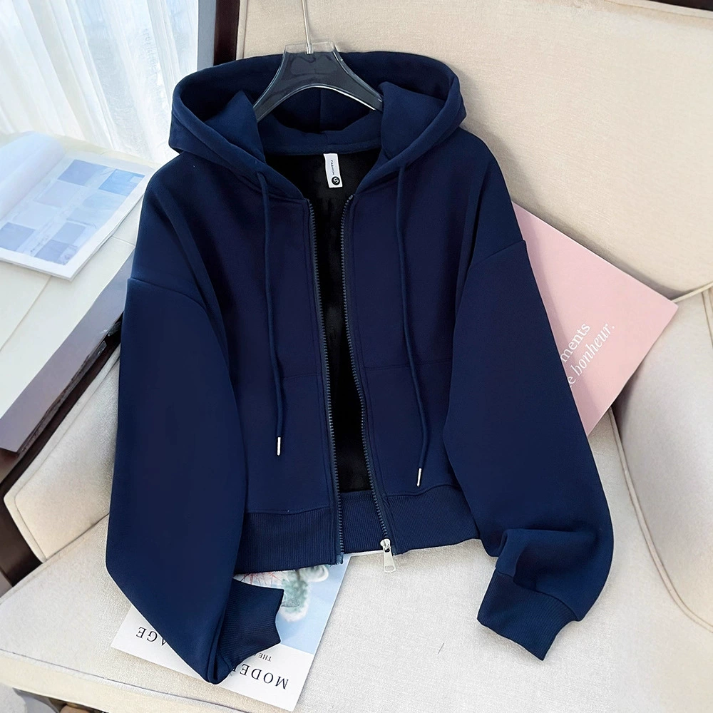 Темно-синий короткий свитшот для женщин, весна-осень, тонкий, новинка 2025 года, модный стиль, спортивная толстовка с капюшоном и молнией Jimo