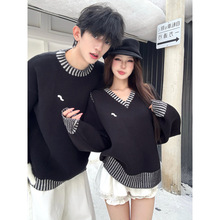 2025秋冬季情侣装毛衣小众设计款条纹V领慵懒风套头毛衣男女