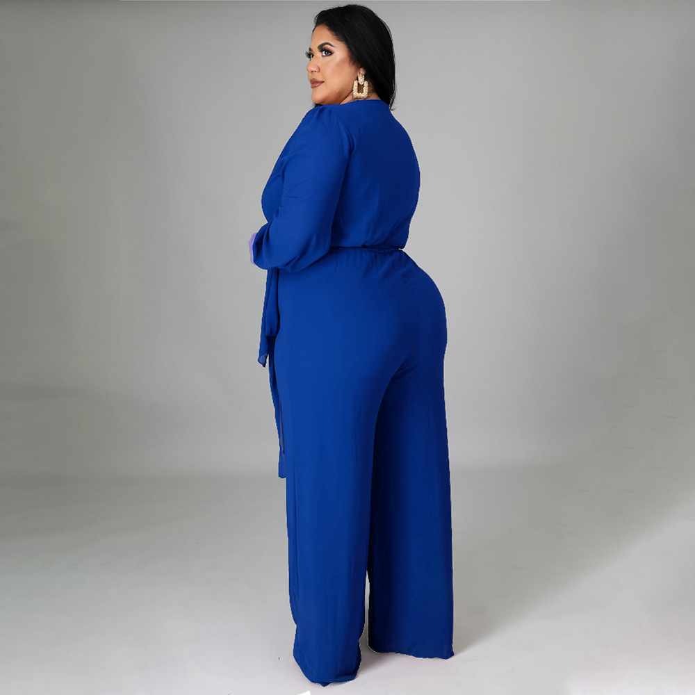 plus size loose straight solid color V-neck long sleeve belted jumpsuit NSLNW137013