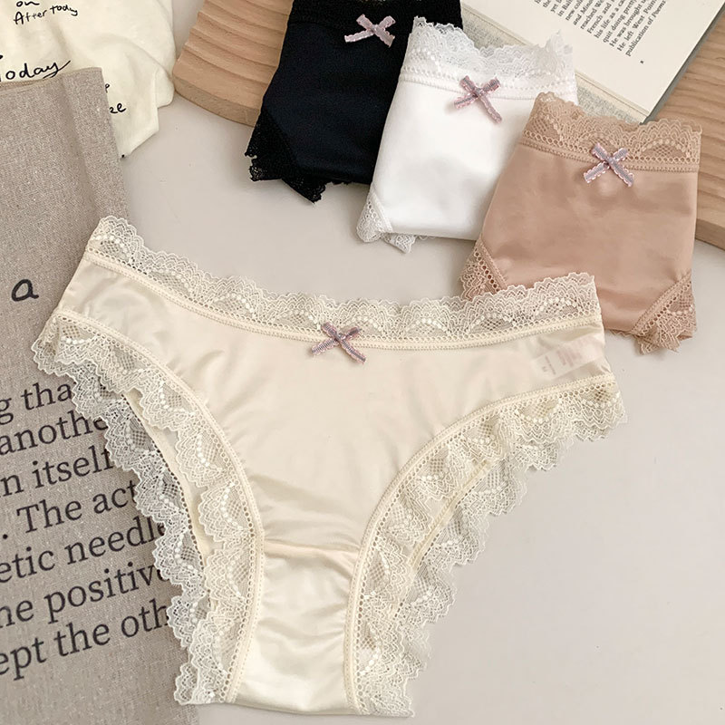 New style silky satin lace panties, sexy summer thin breathable low-waisted hip-lifting briefs. Drop shipping available.