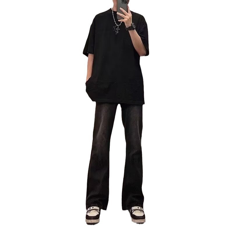 2024 primavera y otoño nuevo estilo americano calle alta suelta recta pantalones largos casuales negros marca de moda jeans para hombres