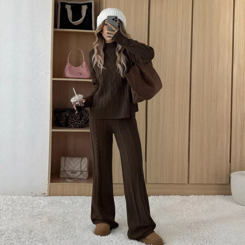 Cross-Border Suit Women's Hemp Pattern Knitted Wide-Leg Pants 2025 Autumn and Winter Woolen Pants Granny Pants Casual Loose Tops
