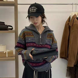 韩版秋冬新款费尔岛提花半拉链高领毛衣女复古慵懒风宽松针织衫