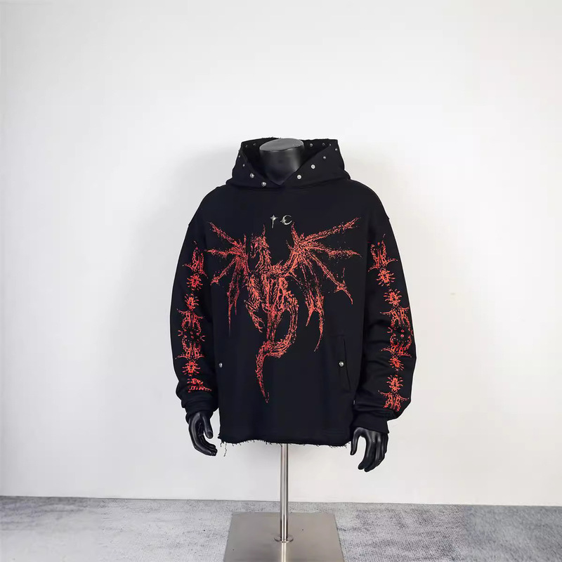 Thug Club Sketch Dragon Print Heavy Metal Multi-Button Loose Sweatshirt
