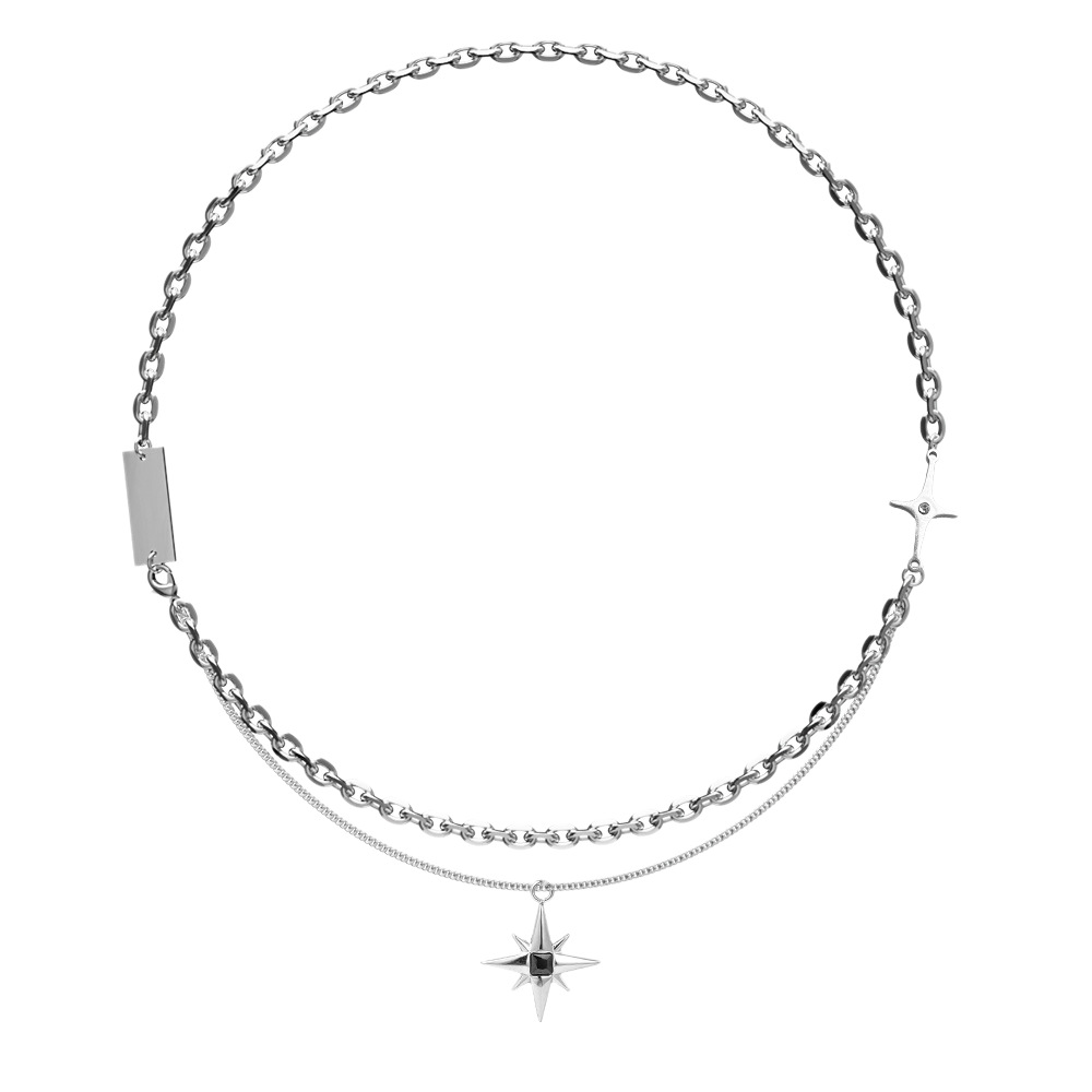 Trendy European American Style Double-layer Chain Necklace For Men With Cross And Star Pendants, Titanium Steel Clavicle_voghion.com