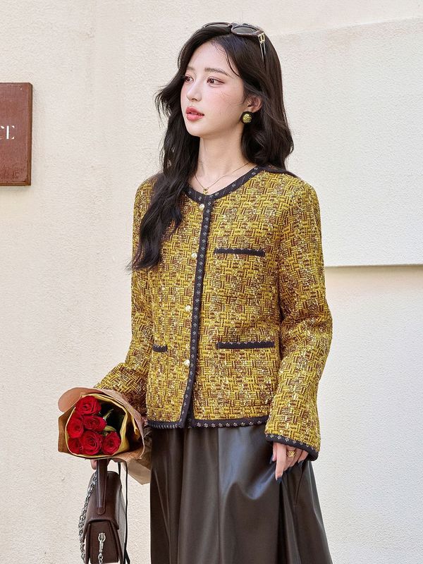 2025秋冬新款女装腔调感撞色编织纹粗花呢气质小香风外套 YJ8630|undefined