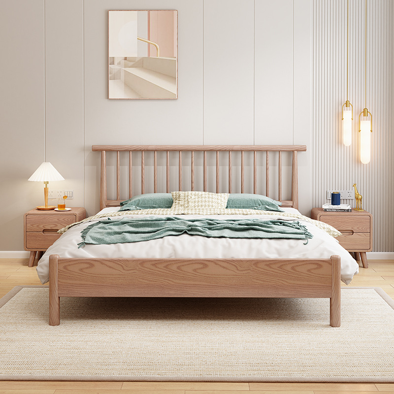 Japanese Windsor Bed, Natural Wood Wabi-Sabi Style Bedroom Double 1.8m Single 1.5m Modern Minimalist Ash Wood Solid Wood Bed