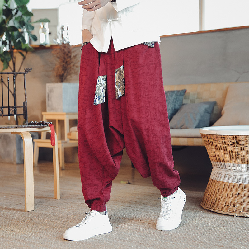 Autumn 2024 new Chinese style cotton and linen stitching loose hanging crotch pants trend hanging crotch pants baggy pants a generation of hair