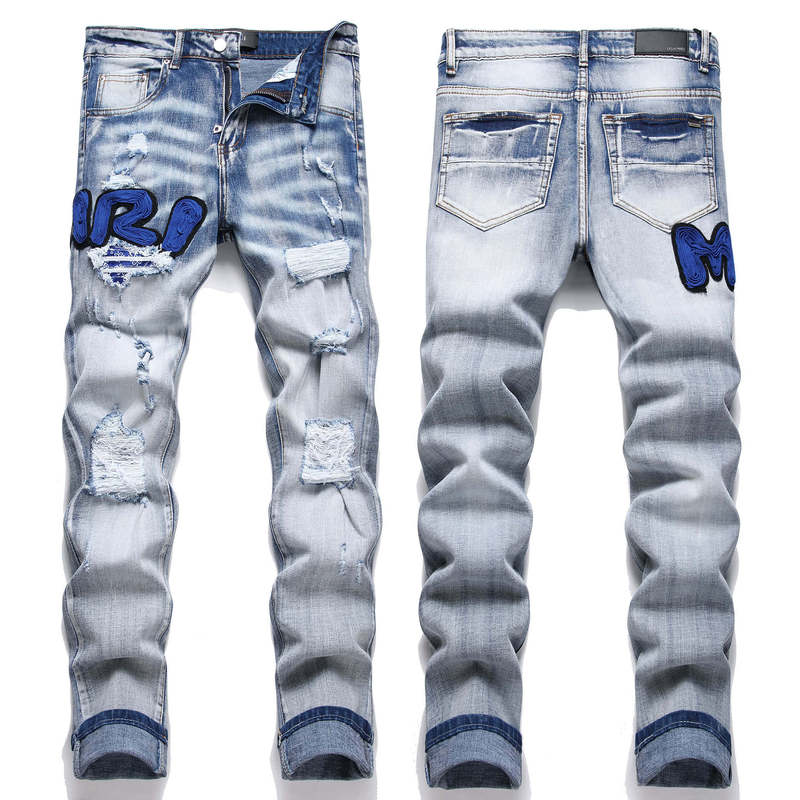 Am Foreign Trade American-Style Men's Jeans, Slim-Fit Skinny Pants with Embroidery and Ripped Details, Street Style Men's Pants 3606 Am Foreign Trade American-Style Men's Jeans, Slim-Fit Skinny Pants with Embroidery and Ripped Details, Street Style Men's Pants 3606