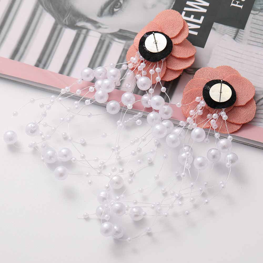 Fashion Chiffon Cloth Lace Flower Pearl Tassel Multilayer Earrings display picture 4